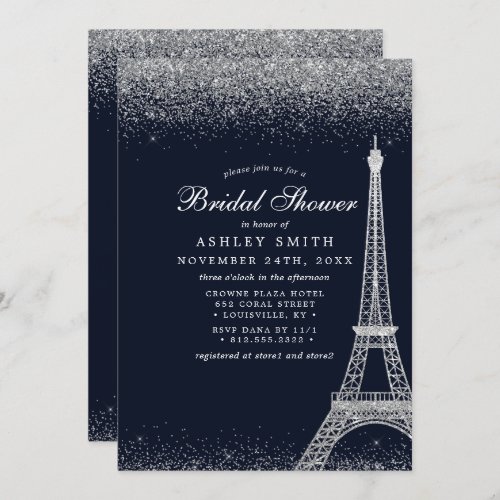 Paris Eiffel Tower Silver Sparkle Bridal Shower Invitation
