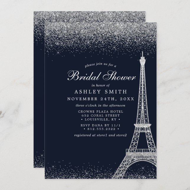 Paris Eiffel Tower Silver Sparkle Bridal Shower Invitation (Front/Back)