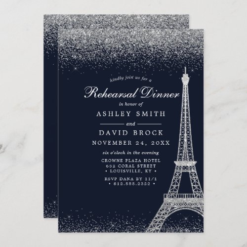 Paris Eiffel Tower Silver Sparkle Rehearsal Invitation