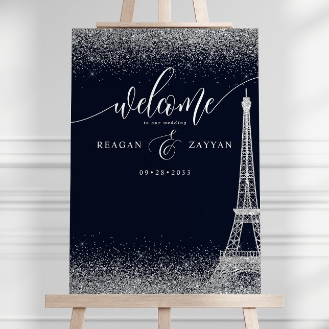Paris Eiffel Tower Silver Sparkle Wedding Welcome Foam Board (Creator Uploaded)