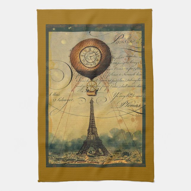 Paris Eiffel Tower Steampunk Hot Air Balloon Towel (Vertical)