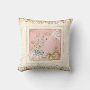 Paris Eiffel Tower Tea Floral Foliage Baroque Gold Throw Pillow