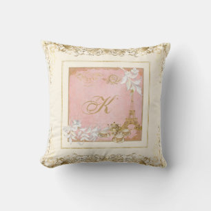 Paris Eiffel Tower Tea Foliage Monogram Gold Swirl Throw Pillow