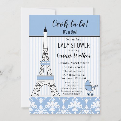 Paris Eiffel Tower Theme Baby Shower blue boy Invitation