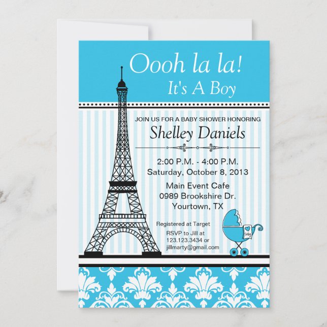Paris Eiffel Tower Theme Baby Shower Blue Invitation (Front)