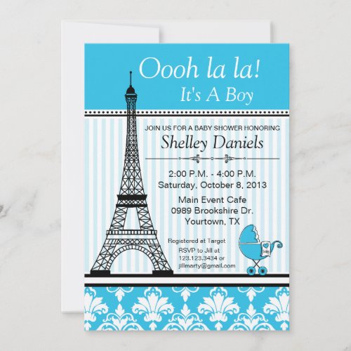 Paris Eiffel Tower Theme Baby Shower Blue Invitation