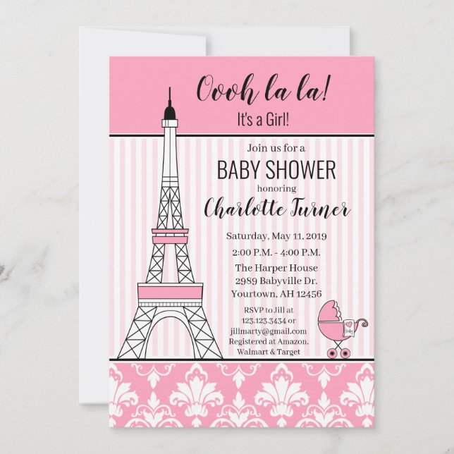 Paris Eiffel Tower Theme Baby Shower pink Invitation (Front)