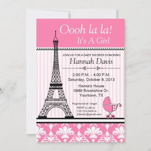 Paris Eiffel Tower Theme Baby Shower Pink Custom Announcement
