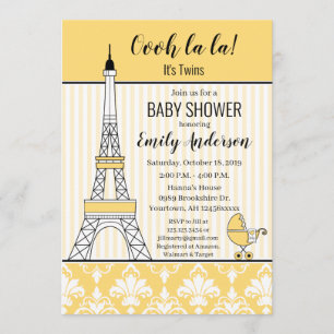 Paris Eiffel Tower Theme Baby Shower Yellow Invitation