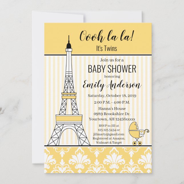 Paris Eiffel Tower Theme Baby Shower Yellow Invitation (Front)