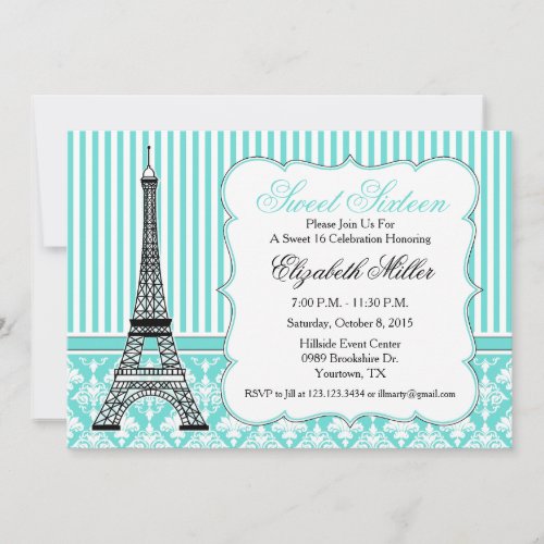 Paris Eiffel Tower Theme Party Teal Invitation