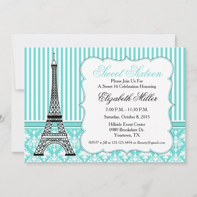 Paris Eiffel Tower Theme Party Teal Invitation (Front)