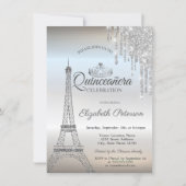 Paris Eiffel Tower,Tiara,Drips Silver Quinceañera Invitation (Front)