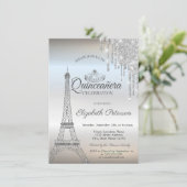 Paris Eiffel Tower,Tiara,Drips Silver Quinceañera Invitation (Standing Front)