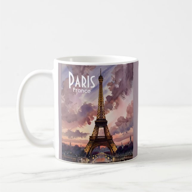 Paris Eiffel Tower Twilight Watercolor Custom Text Coffee Mug (Left)