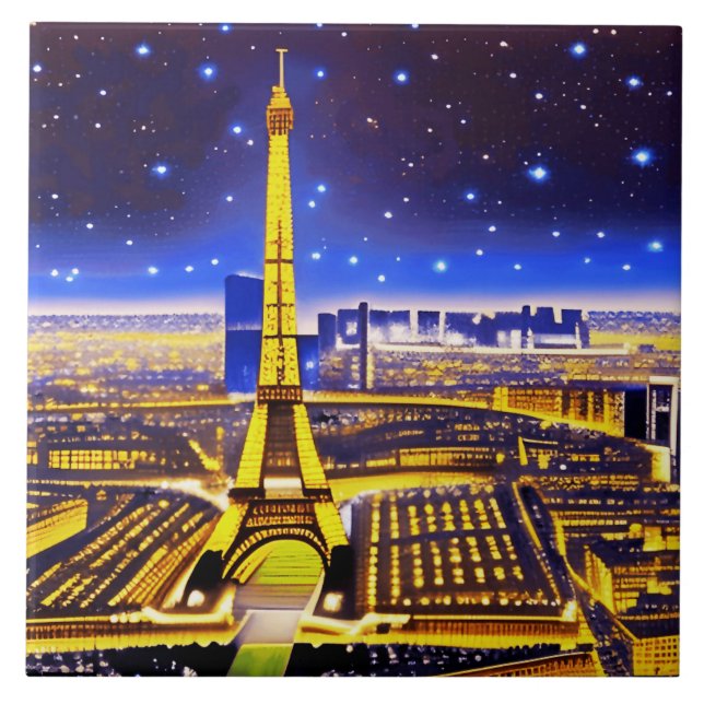 Paris Eiffel Tower Under a Starry Sky Ceramic Tile (Front)