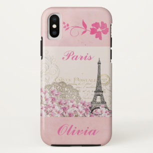 Paris Eiffel Tower Vintage Pink Flowers Add Name iPhone XS Case