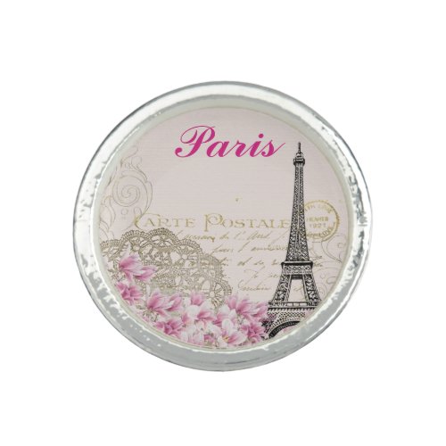 Paris Eiffel Tower Vintage Pink Flowers Girly Ring