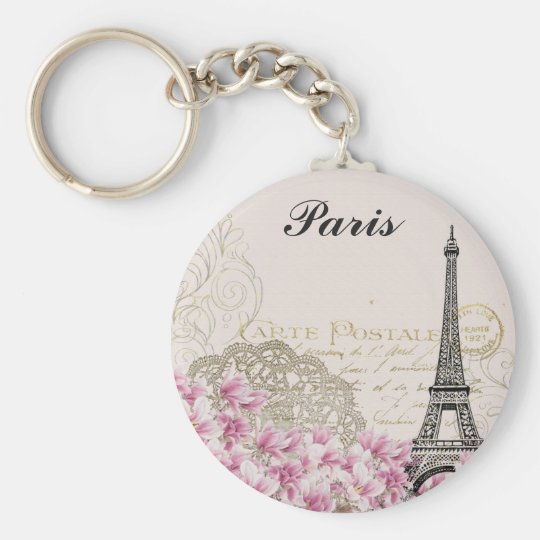 Paris Eiffel Tower Vintage Pink Flowers Keychain