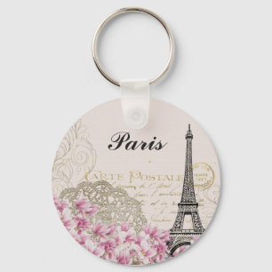 Paris Eiffel Tower Vintage Pink Flowers Keychain