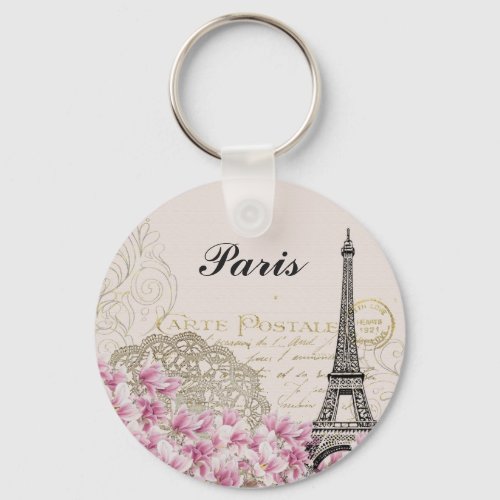 Paris Eiffel Tower Vintage Pink Flowers Keychain