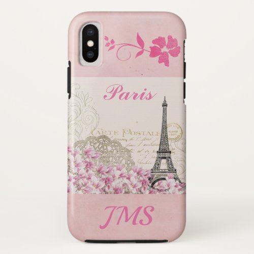 Paris Eiffel Tower Vintage Pink Flowers Monogram iPhone XS Case