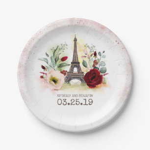Paris Eiffel Tower Vintage Pink Gold Glitter Paper Plates