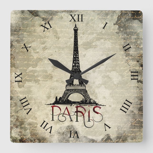 Paris, Eiffel Tower Vintage Script Square Wall Clock (Front)