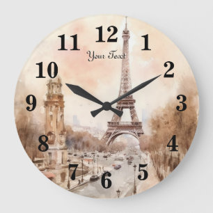 Paris Eiffel Tower Vintage Watercolor Travel Large Clock