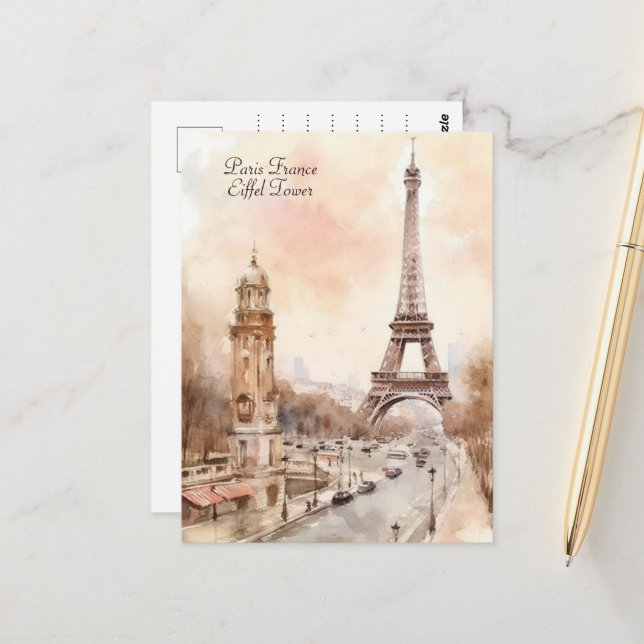Paris Eiffel Tower Vintage Watercolor Travel Postcard (Front/Back In Situ)