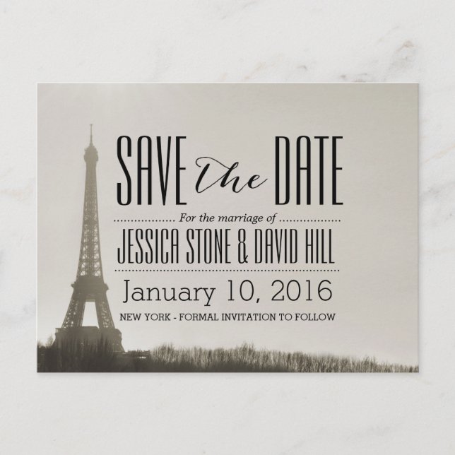Paris Eiffel Tower Vintage Wedding Save the Date Announcement Postcard (Front)