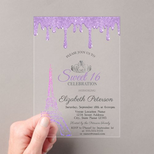Paris Eiffel Tower,Violet Drips Sweet 16   Acrylic Invitations