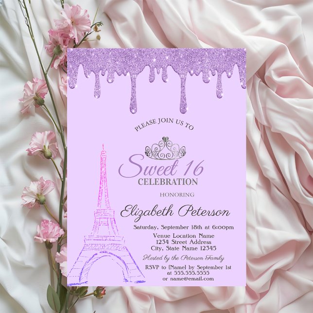 Paris Eiffel Tower,Violet Drips Sweet 16   Invitation (Creator Uploaded)
