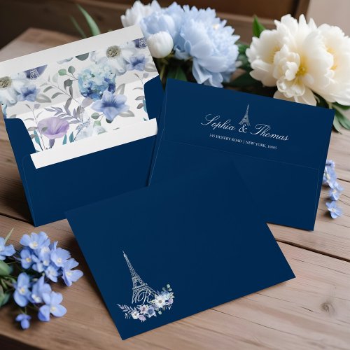 Paris Eiffel Tower Watercolor Floral Navy Wedding Envelope