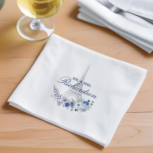 Paris Eiffel Tower Watercolor Floral Navy Wedding Napkins (Paris Eiffel Tower Watercolor Floral Navy Wedding Napkins)