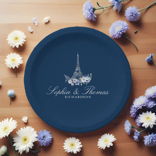 Paris Eiffel Tower Watercolor Floral Navy Wedding Paper Plates