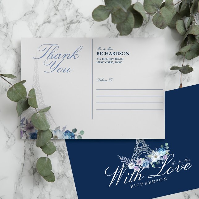 Paris Eiffel Tower Watercolor Floral Navy Wedding Postcard (Creator Uploaded)