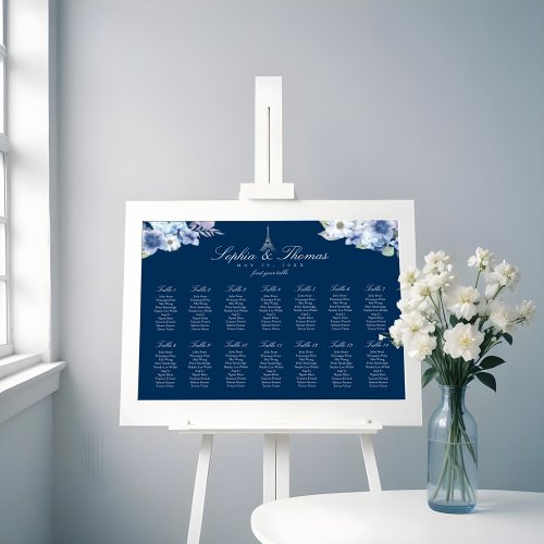 Paris Eiffel Tower Watercolor Floral Navy Wedding Poster