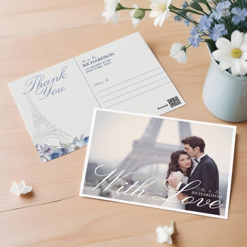 Paris Eiffel Tower Watercolor Floral Wedding Photo Postcard