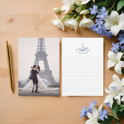 Paris Eiffel Tower Watercolor Floral Wedding Photo Thank You Card