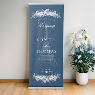 Paris Eiffel Tower Watercolor Floral Welcome Blue Retractable Banner