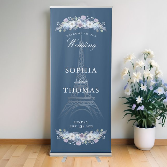 Paris Eiffel Tower Watercolor Floral Welcome Blue Retractable Banner (Paris Eiffel Tower Watercolor Floral Welcome Blue Retractable Banner)