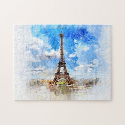 Paris Eiffel Tower Watercolor Painted Jigsaw Puzzle