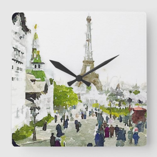 Paris Eiffel Tower Watercolor Painting Square Wall Clock