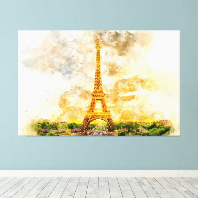 Paris Eiffel Tower Watercolor – Sunset #01  Canvas Print (Insitu(Wood Floor))