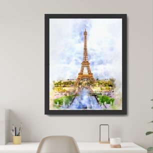 Paris Eiffel Tower Watercolor – Sunset #02 Framed Art