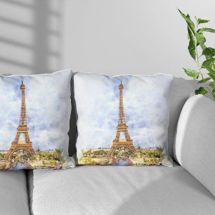 Paris Eiffel Tower Watercolor – Sunset #02 Throw Pillow