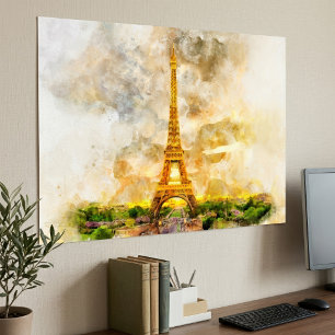 Paris Eiffel Tower Watercolor Sunset Art Print