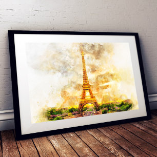 Paris Eiffel Tower Watercolor Sunset Art Print