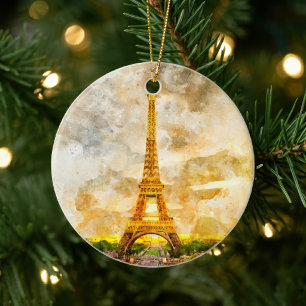 Paris Eiffel Tower Watercolor Sunset Art Print Ceramic Ornament